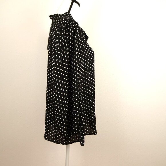 BY DESIGN Neck Tie Top Women's Plus Size 1X Black Polka Dot Smocked Shoulder - Picture 6 of 10